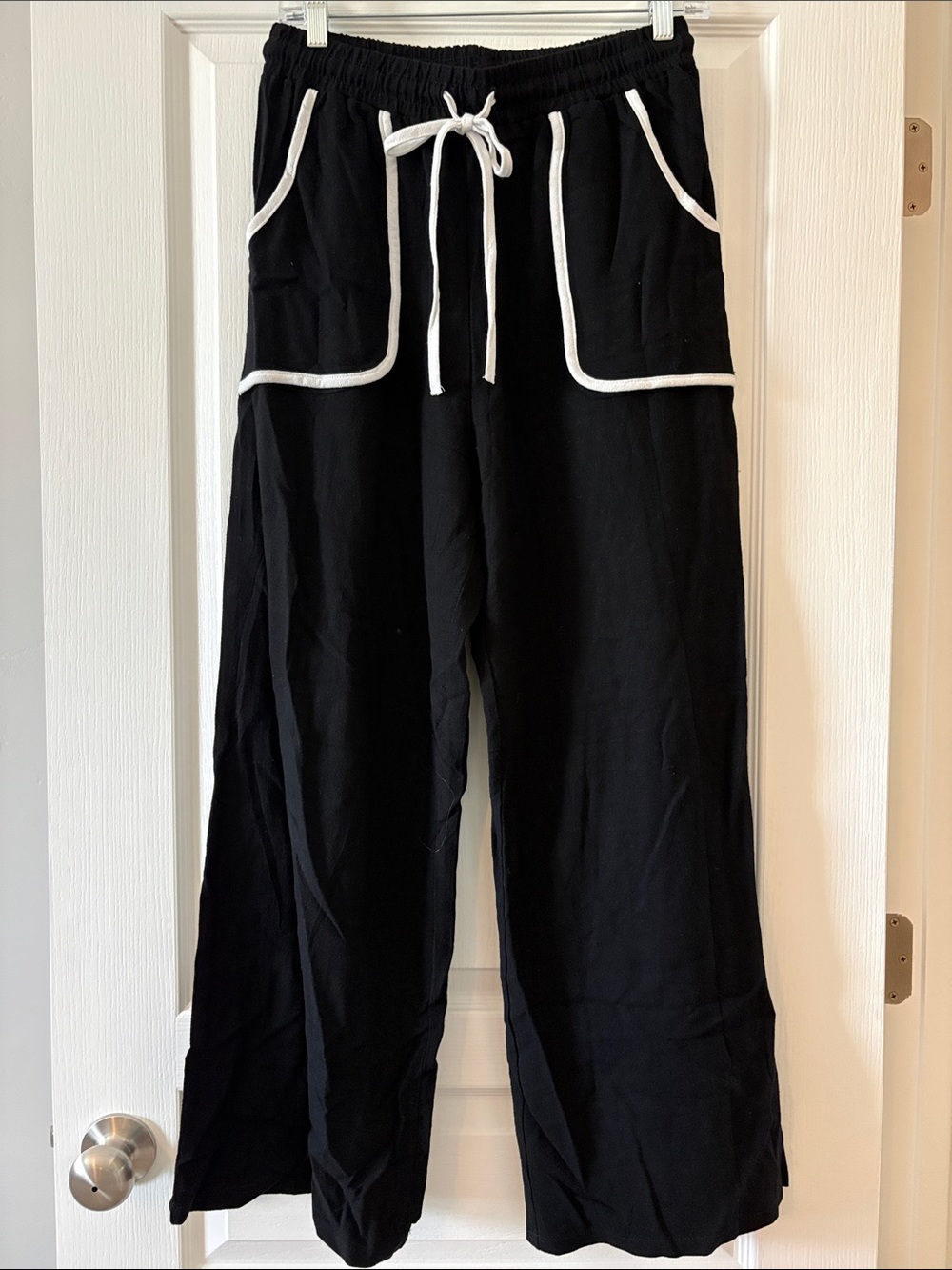 Women’s Black Wide-Leg Lounge Pants with White Trim
